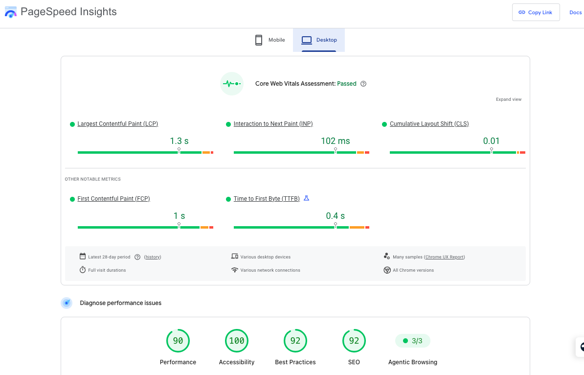 PageSpeed Insights report showing Core Web Vitals passing